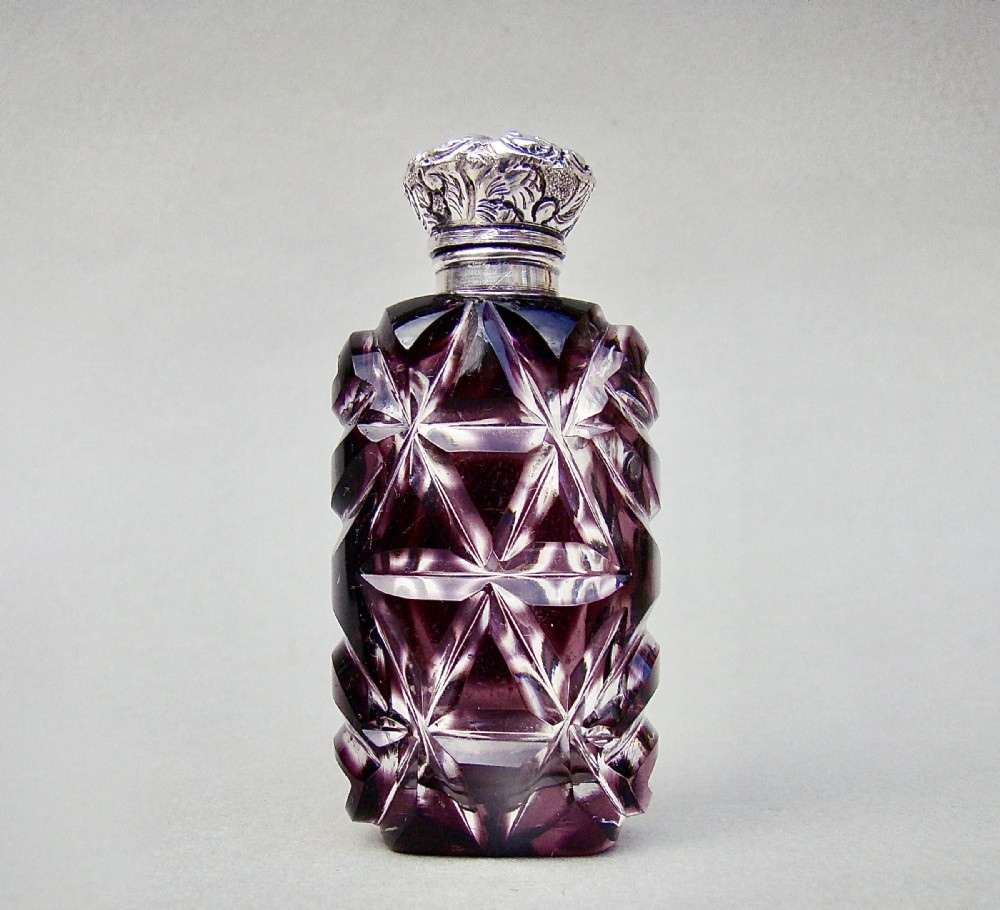 EXQUISITE VICTORIAN SILVER AND AMETHYST OVERLAY BOHEMIAN GLASS SCENT BOTTLE, CIRCA 1890