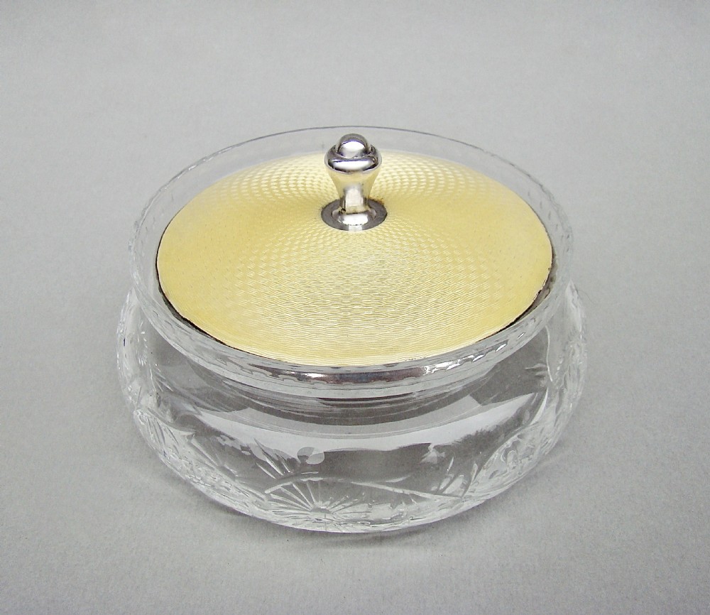 ART DECO SILVER & GUILLOCHE ENAMEL TOILETRY JAR BY CHARLES GREEN & CO, BIRMINGHAM 1935