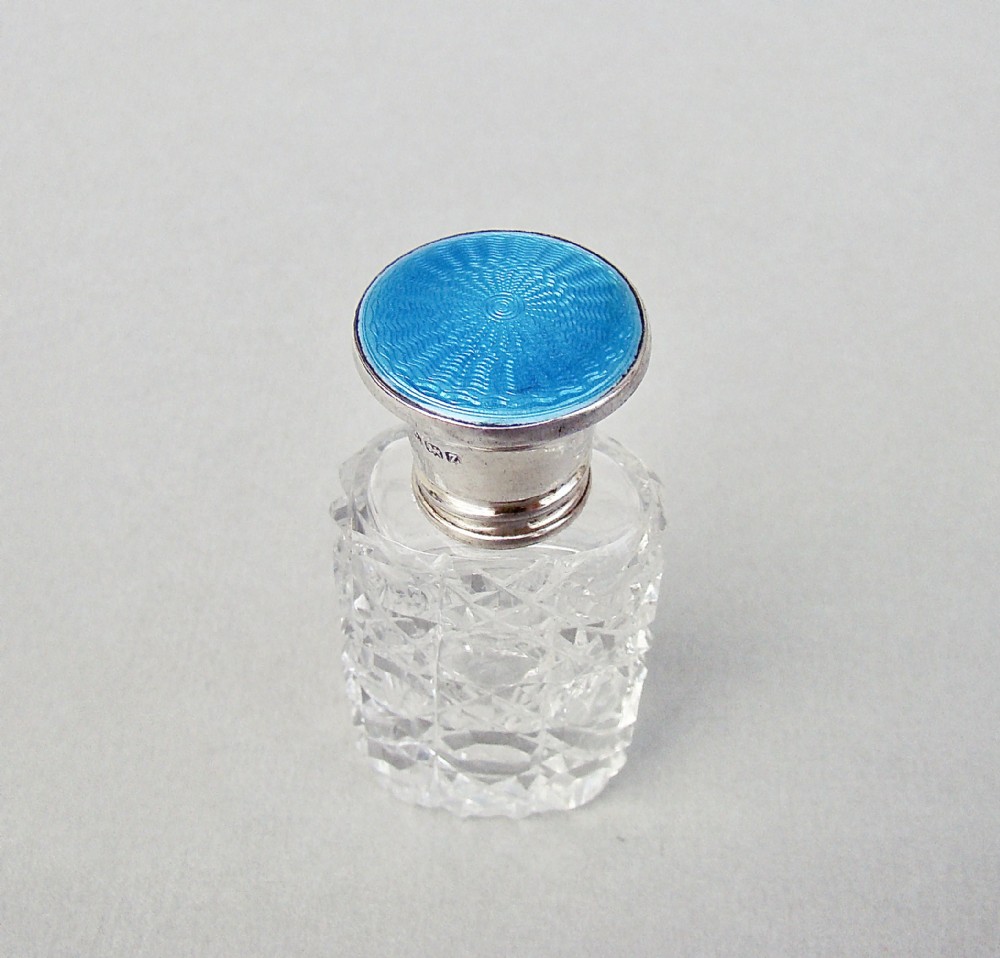ART DECO SILVER & GUILLOCHE ENAMEL SCENT BOTTLE BY HENRY CLIFFORD DAVIS, BIRMINGHAM 1924