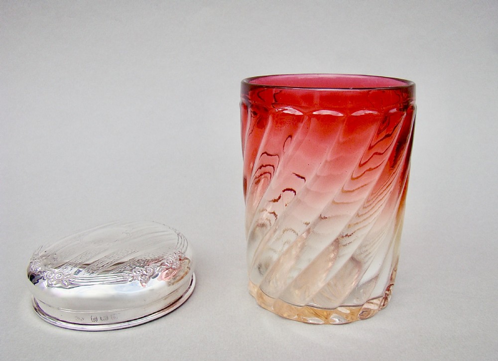 SILVER MOUNTED FRENCH BACCARAT BAMBOO PATTERN ROSE TEINTE LIDDED POWDER JAR BY WILLIAM AITKEN, BIRMINGHAM 1910 View V