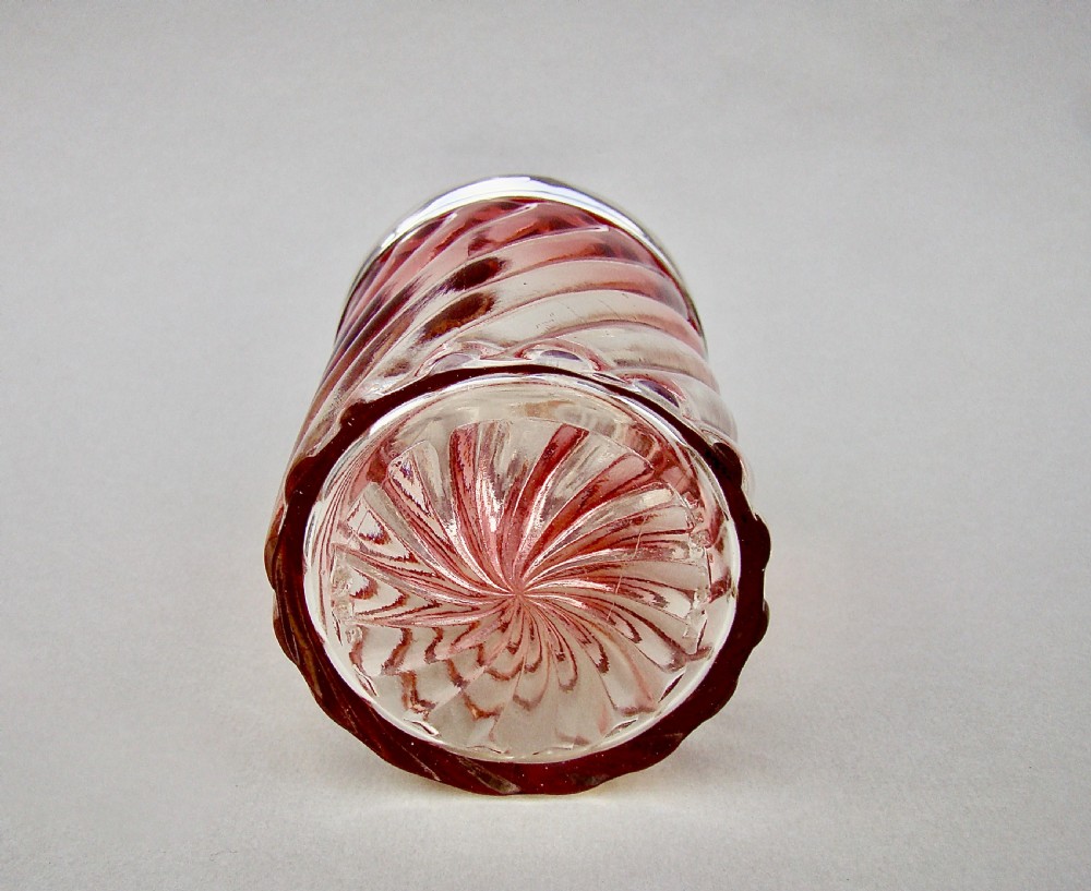 SILVER MOUNTED FRENCH BACCARAT BAMBOO PATTERN ROSE TEINTE LIDDED POWDER JAR BY WILLIAM AITKEN, BIRMINGHAM 1910 View VI
