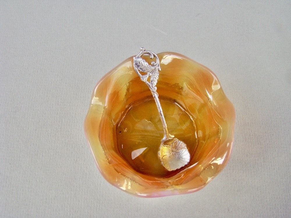 RARE FRENCH ART NOUVEAU SILVER MOUNTED VASELINE GLASS SALT &  SPOON, CIRCA 1900 View IV