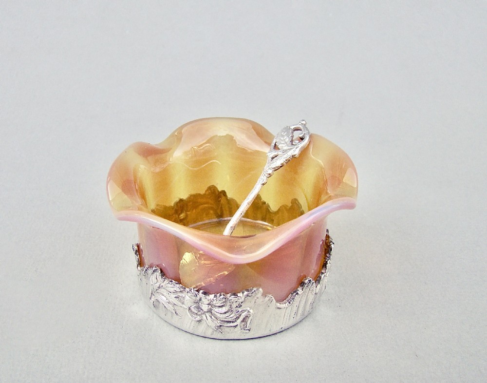 RARE FRENCH ART NOUVEAU SILVER MOUNTED VASELINE GLASS SALT &  SPOON, CIRCA 1900