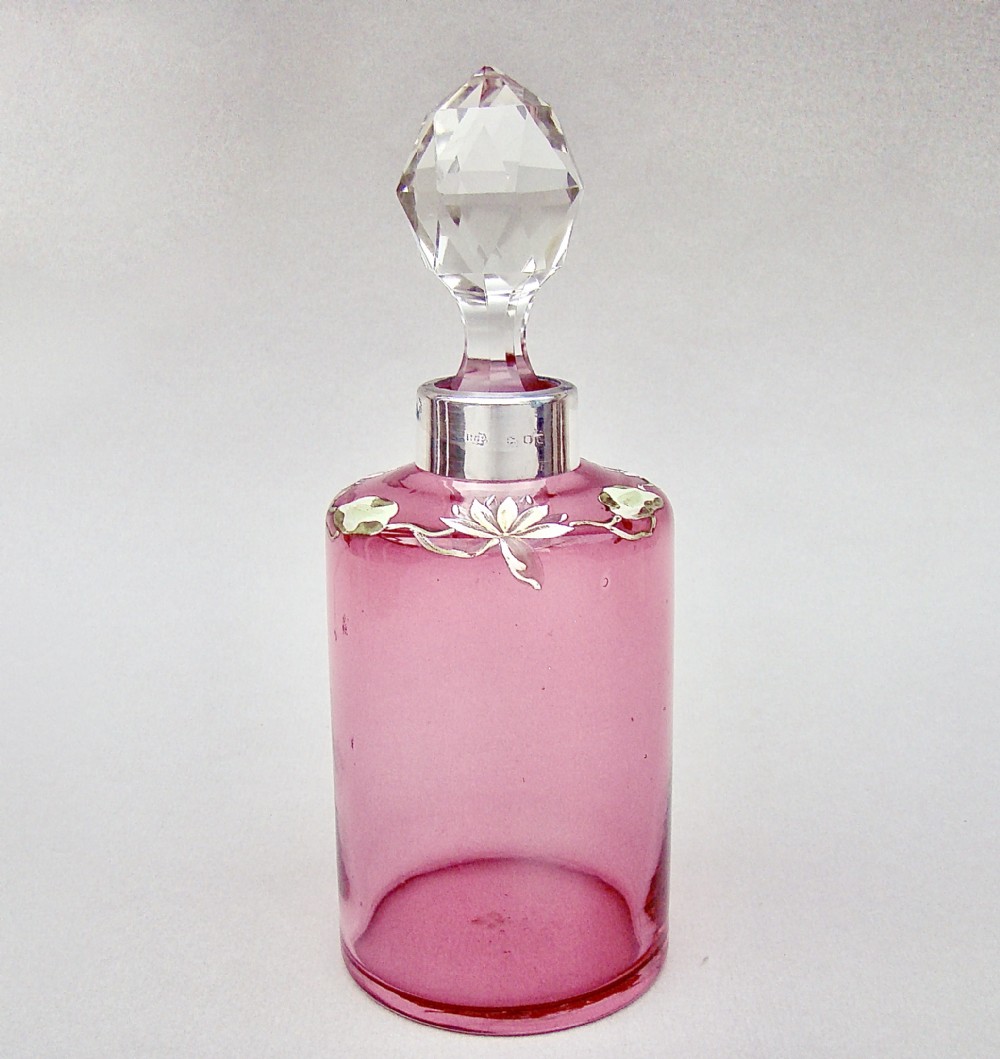 SUPERB ART NOUVEAU SILVER & CRANBERRY ENAMELLED GLASS SCENT BOTTLE BY ROBERT PRINGLE, LONDON 1900