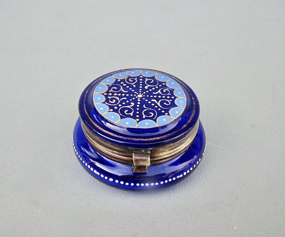 19TH CENTURY FRENCH ENAMELLED BRISTOL BLUE GLASS TRINKET BOX, CIRCA 1890
