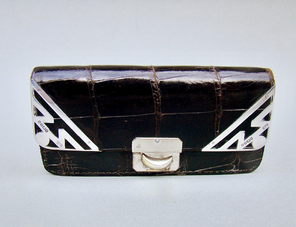 EDWARDIAN SILVER & CROCODILE SKIN PURSE BY LUDWIG KRUMM, BIRMINGHAM 1900