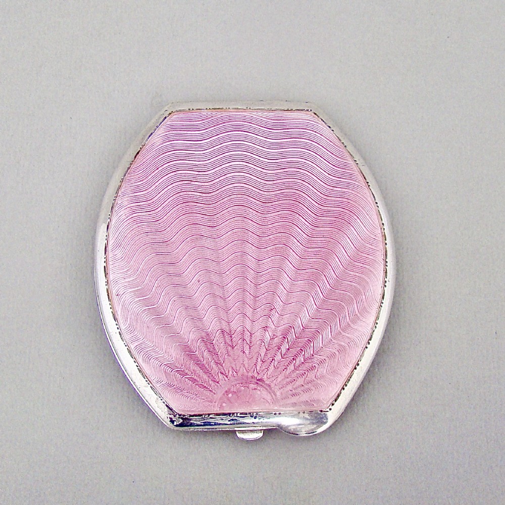 ART DECO SILVER AND PINK GUILLOCHE ENAMEL COMPACT BY TURNER & SIMPSON, BIRMINGHAM 1935