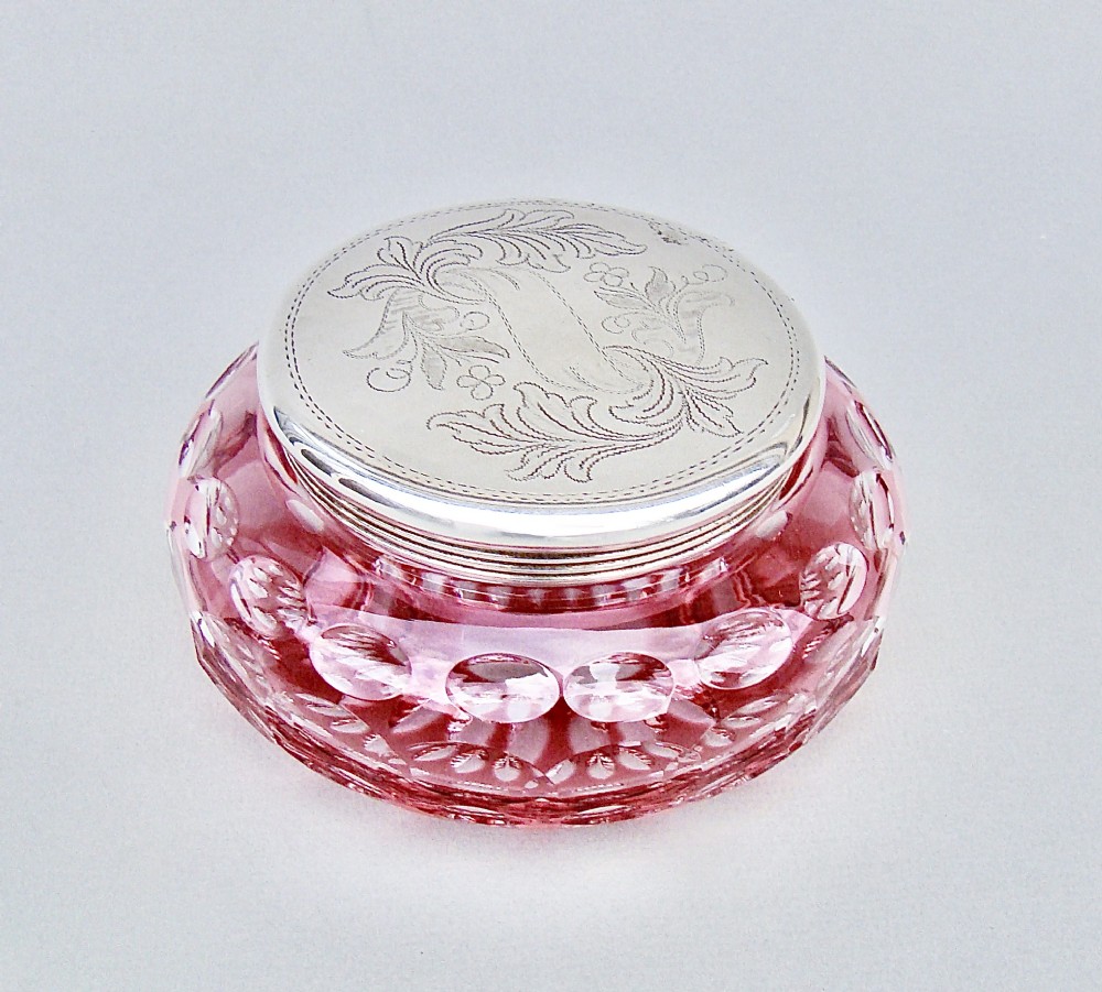 CONTINENTAL SILVER PLATED & OVERLAY CRANBERRY GLASS DRESSING TABLE JAR, CIRCA 1900