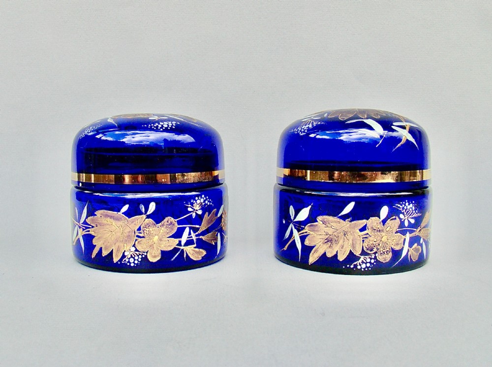 STUNNING PAIR OF VICTORIAN ENAMELLED BRISTOL BLUE GLASS TRINKET BOXES, CIRCA 1890