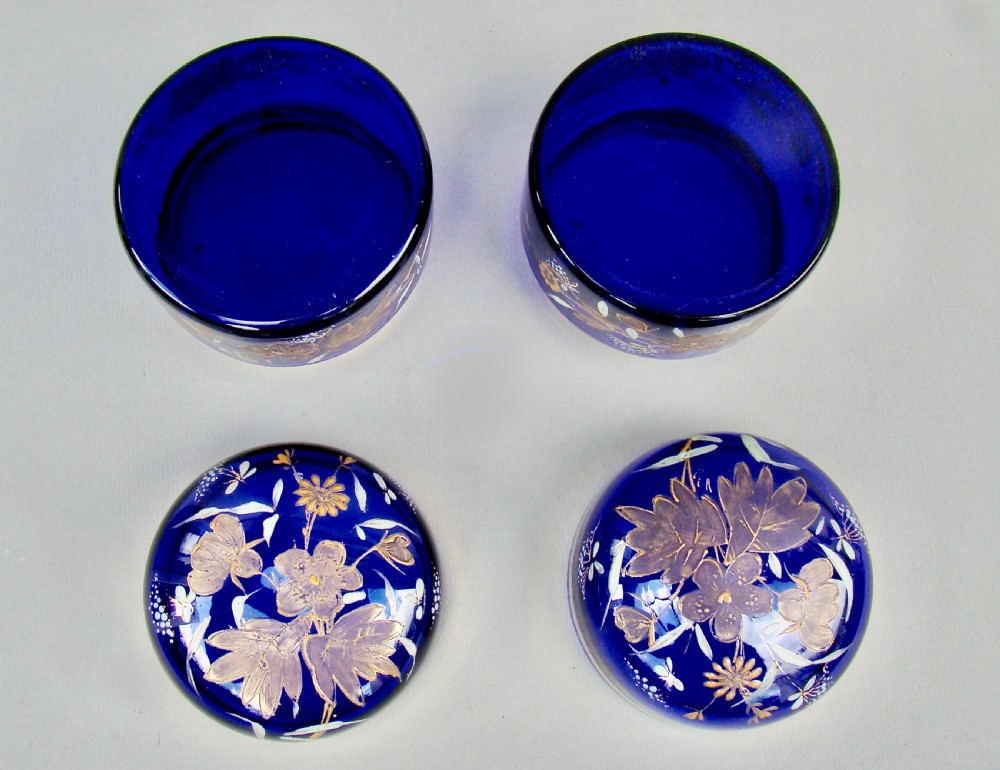 STUNNING PAIR OF VICTORIAN ENAMELLED BRISTOL BLUE GLASS TRINKET BOXES, CIRCA 1890 View V