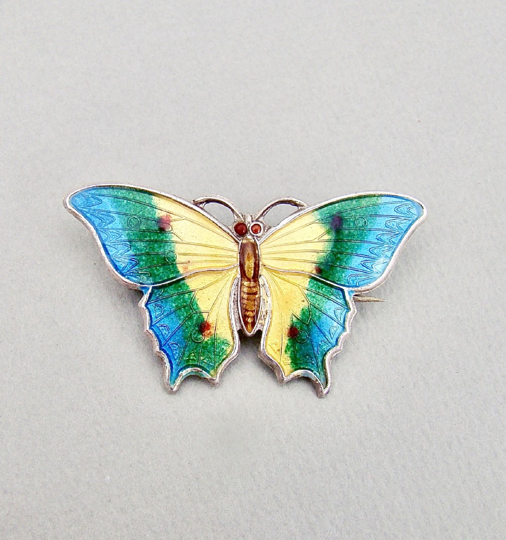 SCANDINAVIAN STERLING SILVER & GUILLOCHE ENAMEL BUTTERFLY BROOCH, CIRCA 1930