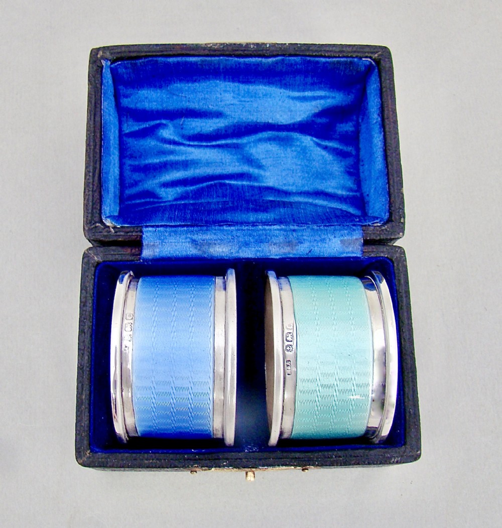 RARE PAIR OF ART DECO SILVER & GUILLOCHE ENAMEL NAPKIN RINGS BY HORTON & ALLDAY, BIRMINGHAM 1927