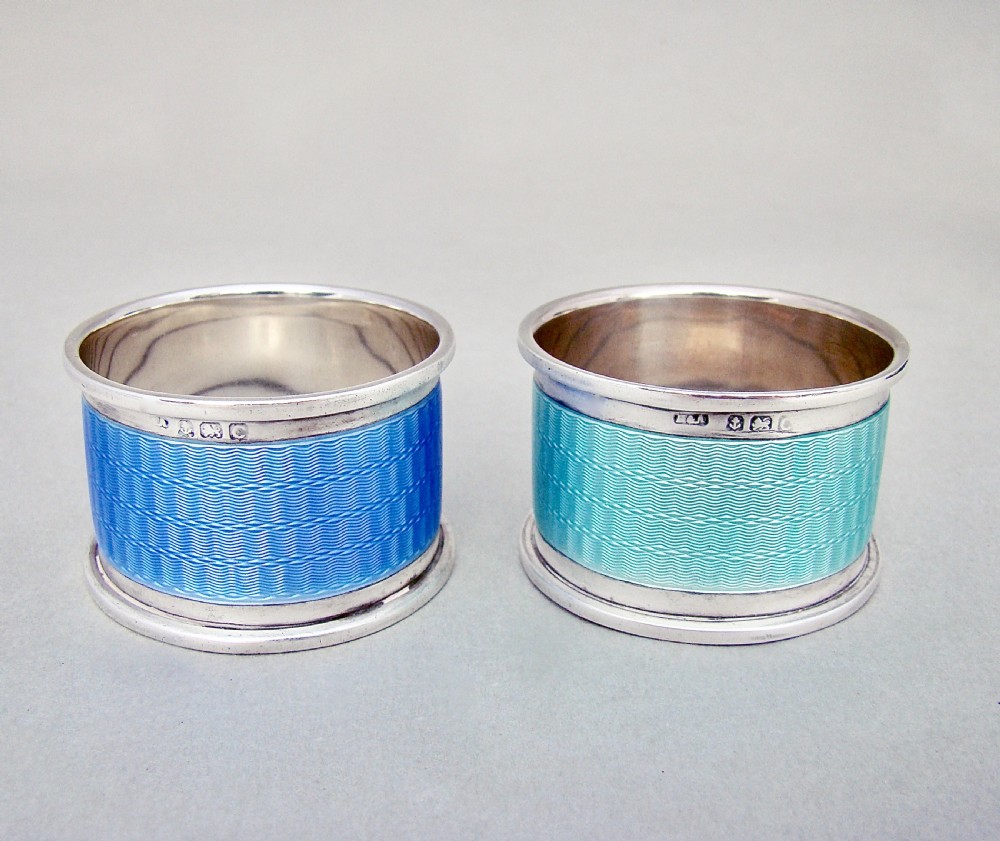 RARE PAIR OF ART DECO SILVER & GUILLOCHE ENAMEL NAPKIN RINGS BY HORTON & ALLDAY, BIRMINGHAM 1927 View III