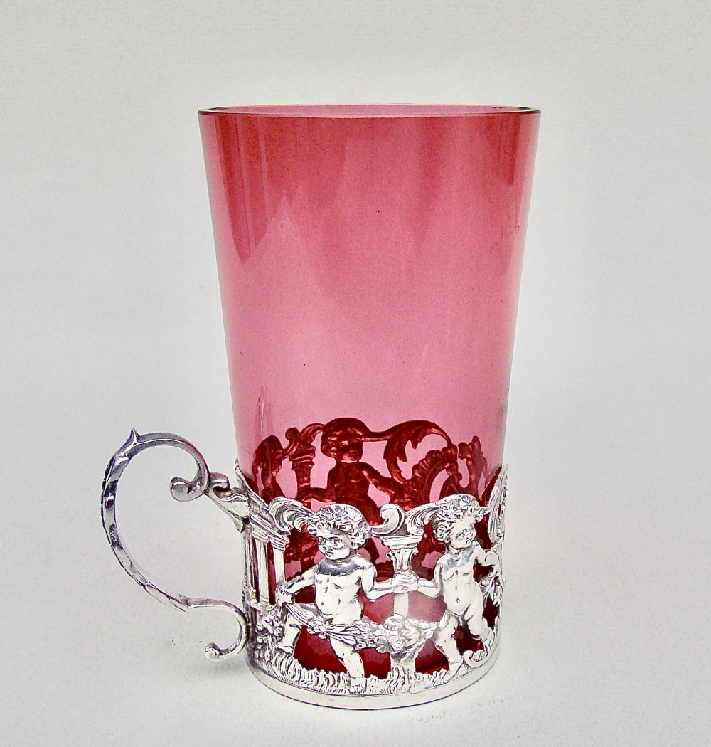 EXQUISITE EDWARDIAN SILVER & CRANBERRY GLASS TEA HOLDER, LONDON 1904