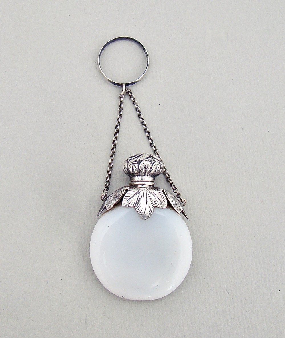 DELIGHTFUL VICTORIAN SILVER & OPALINE GLASS CHATELAINE SCENT BOTTLE, CIRCA 1880

