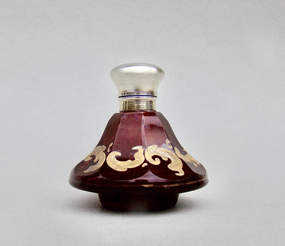 VICTORIAN SILVER GILT RUBY GLASS ENAMELLED SCENT BOTTLE, CIRCA 1880
