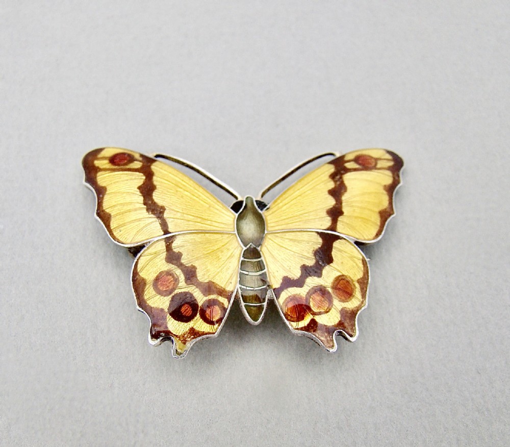ART NOUVEAU STERLING SILVER & GUILLOCHE ENAMEL BUTTERFLY BROOCH BY JOHN ATKIN & SONS, CIRCA 1910