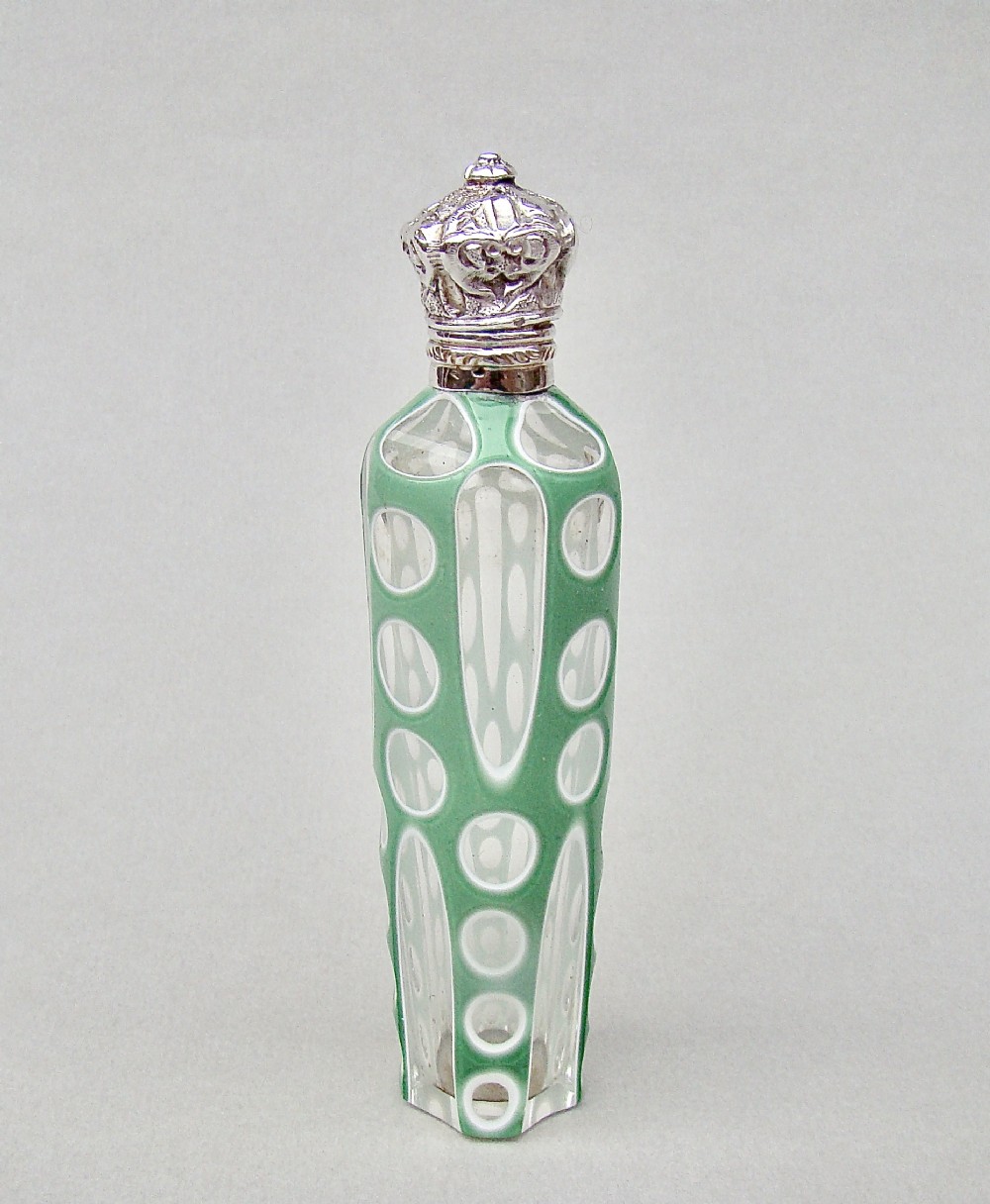 RARE 19TH C. FRENCH SILVER & BOHEMIAN TRIPLE CASED GLASS SCENT BOTTLE, CIRCA 1890
