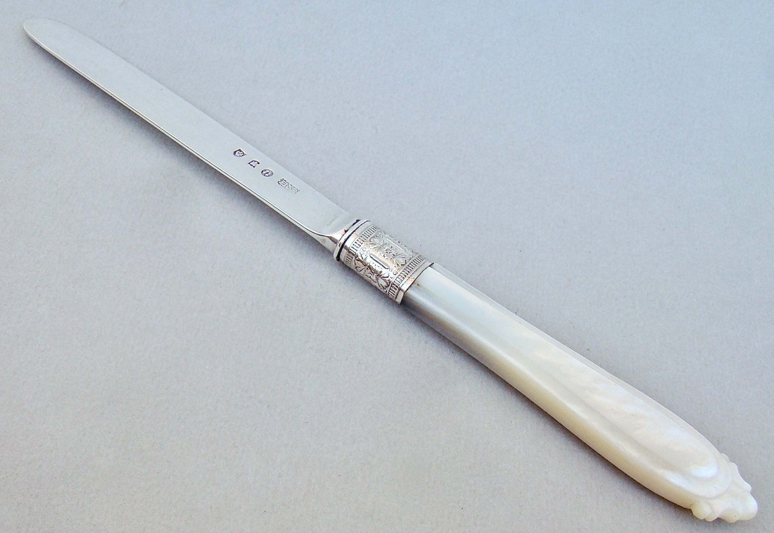 CASED SCOTTISH VICTORIAN SILVER AND MOTHER OF PEARL LETTER OPENER BY BROOK & SON, EDINBURGH 1894