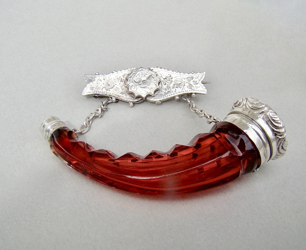 RARE VICTORIAN SILVER CORNUCOPIA CRANBERRY CUT GLASS SCENT BOTTLE, BIRMINGHAM 1887
