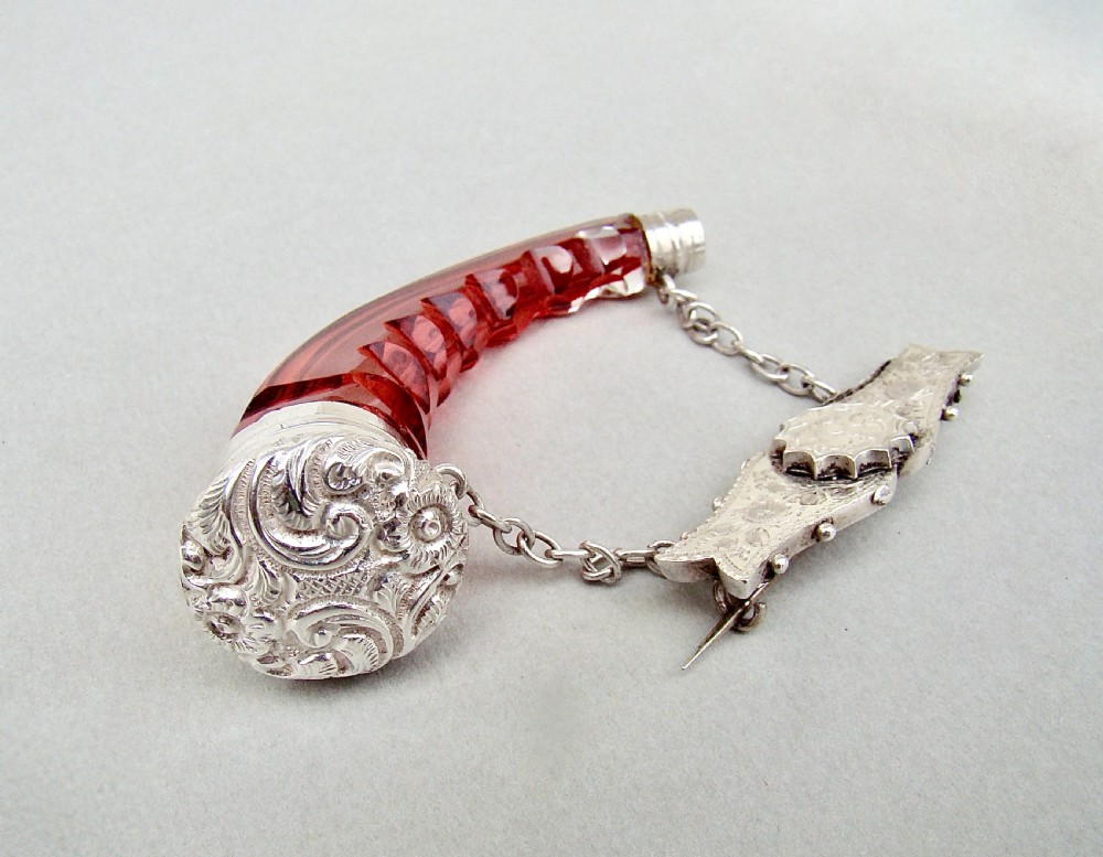 RARE VICTORIAN SILVER CORNUCOPIA CRANBERRY CUT GLASS SCENT BOTTLE, BIRMINGHAM 1887
 View VIII