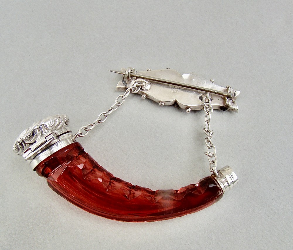 RARE VICTORIAN SILVER CORNUCOPIA CRANBERRY CUT GLASS SCENT BOTTLE, BIRMINGHAM 1887
 View V
