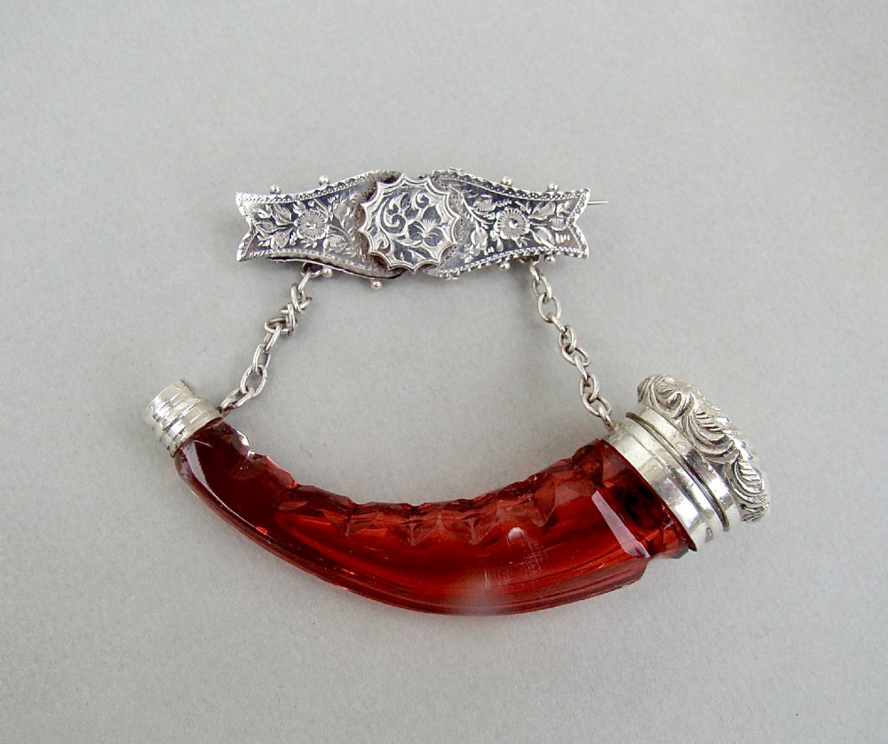 RARE VICTORIAN SILVER CORNUCOPIA CRANBERRY CUT GLASS SCENT BOTTLE, BIRMINGHAM 1887
 View II