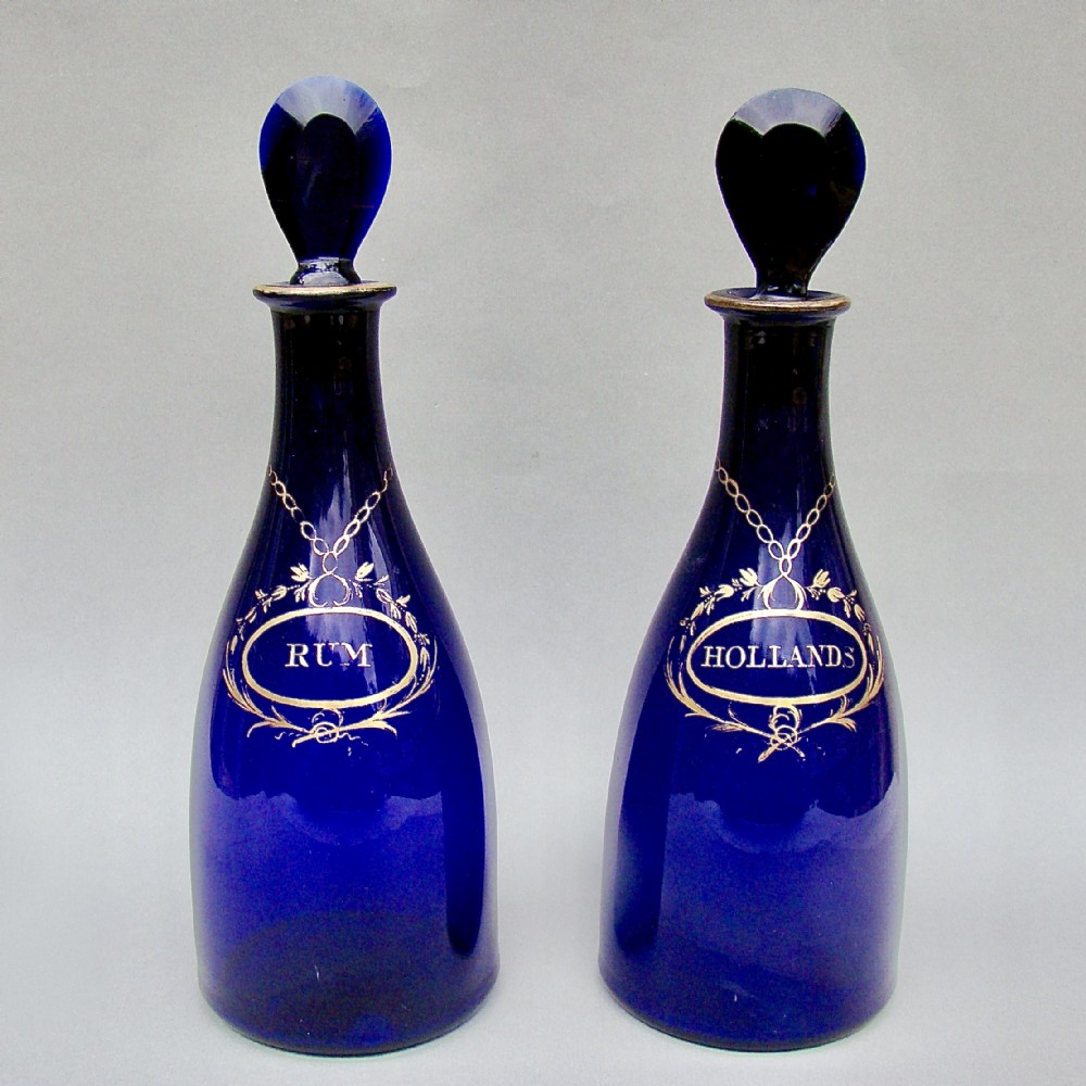 STUNNING PAIR OF GEORGIAN BRISTOL BLUE GLASS DECANTERS, CIRCA 1795