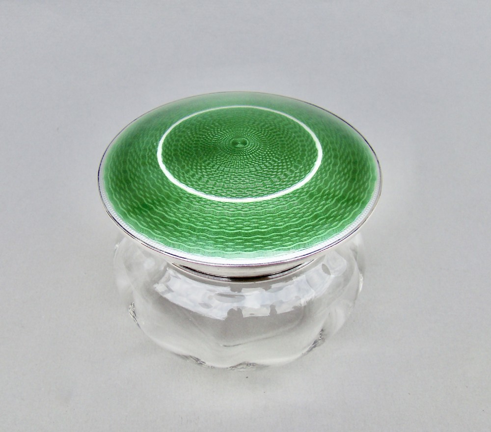 EXQUISITE ART DECO SILVER & DUAL COLOUR GUILLOCHE ENAMEL DRESSING TABLE JAR BY DEAKIN & FRANCIS, BIRMINGHAM 1923
