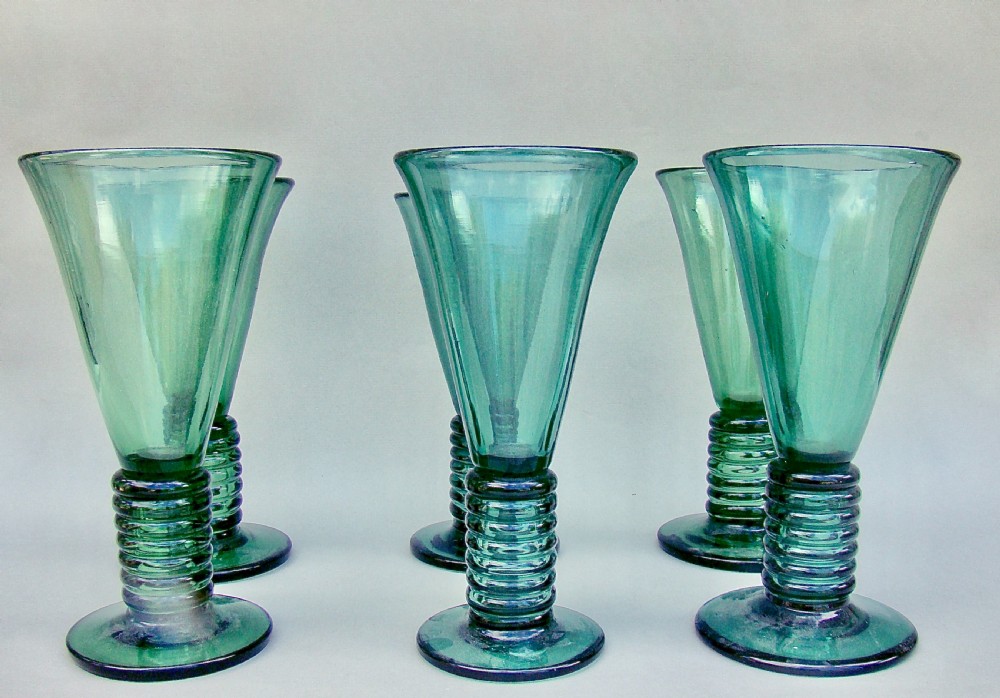 UNUSUAL SET OF SIX 19TH CENTURY COIL STEMMED GREEN  GLASSES, CIRCA 1890 View II