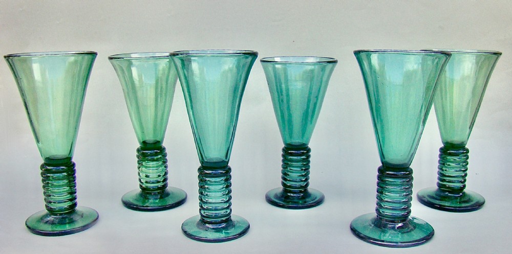 UNUSUAL SET OF SIX 19TH CENTURY COIL STEMMED GREEN  GLASSES, CIRCA 1890 View III