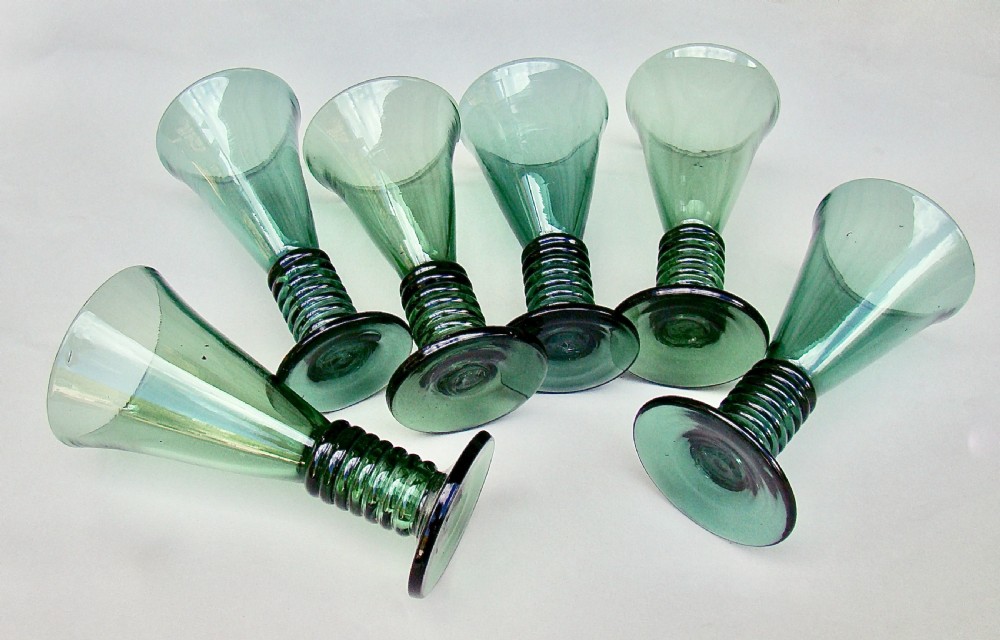 UNUSUAL SET OF SIX 19TH CENTURY COIL STEMMED GREEN  GLASSES, CIRCA 1890 View V