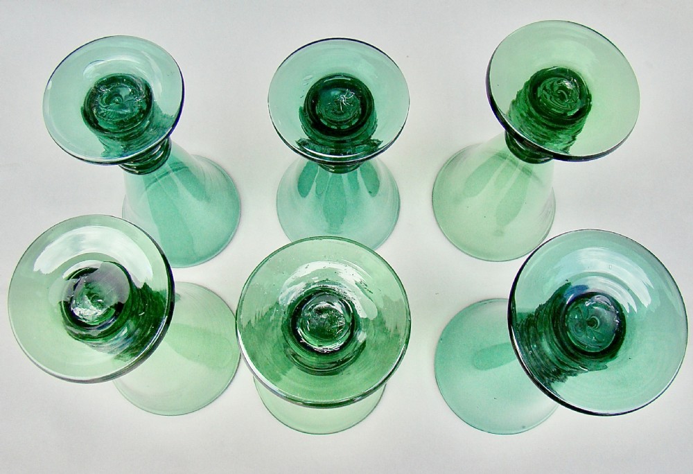 UNUSUAL SET OF SIX 19TH CENTURY COIL STEMMED GREEN  GLASSES, CIRCA 1890 View VI