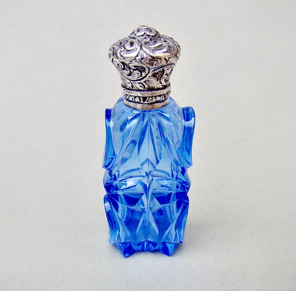 UNUSUAL VICTORIAN SILVER & ICE BLUE GLASS SCENT BOTTLE , CIRCA 1880