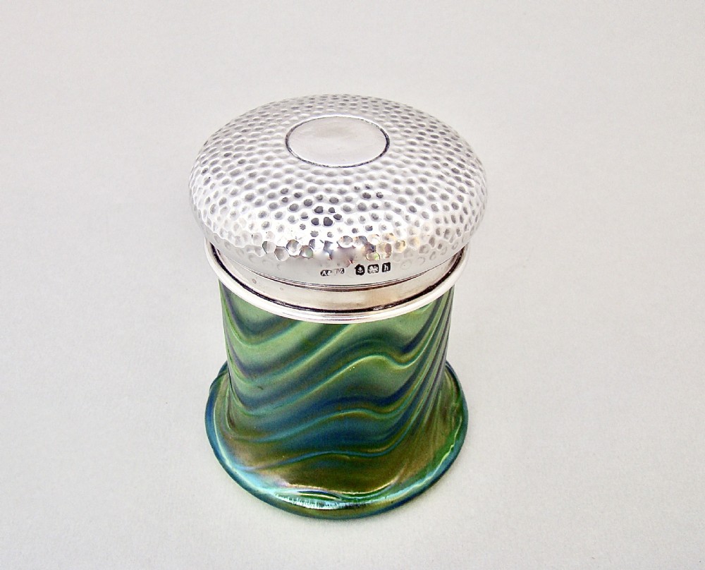 RARE ART NOUVEAU SILVER MOUNTED IRIDESCENT LOETZ GLASS VANITY JAR BY A&J ZIMMERMAN, BIRMINGHAM 1907 View II
