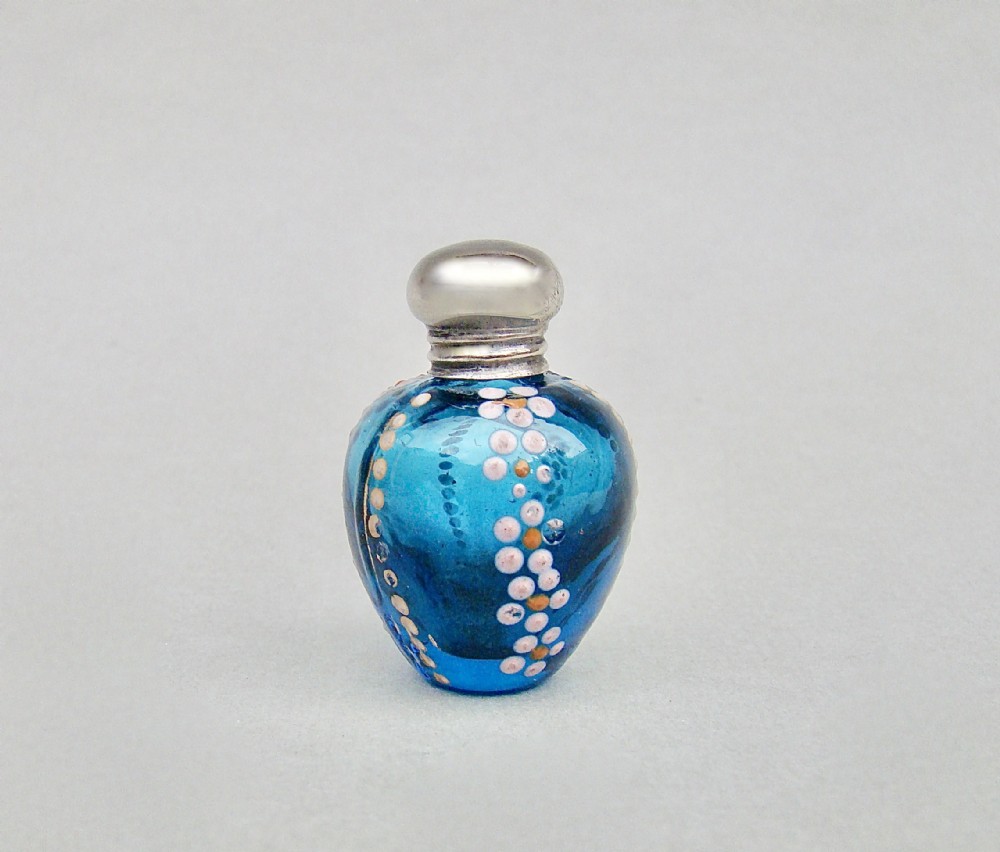 EXQUISITE MINIATURE 19TH C. FRENCH SILVER & ENAMELLED GLASS SCENT BOTTLE, CIRCA 1890