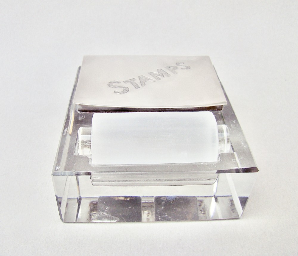 RARE ART DECO SILVER DOUBLE STAMP BOX WITH GLASS MOISTENER, LONDON 1924 View III