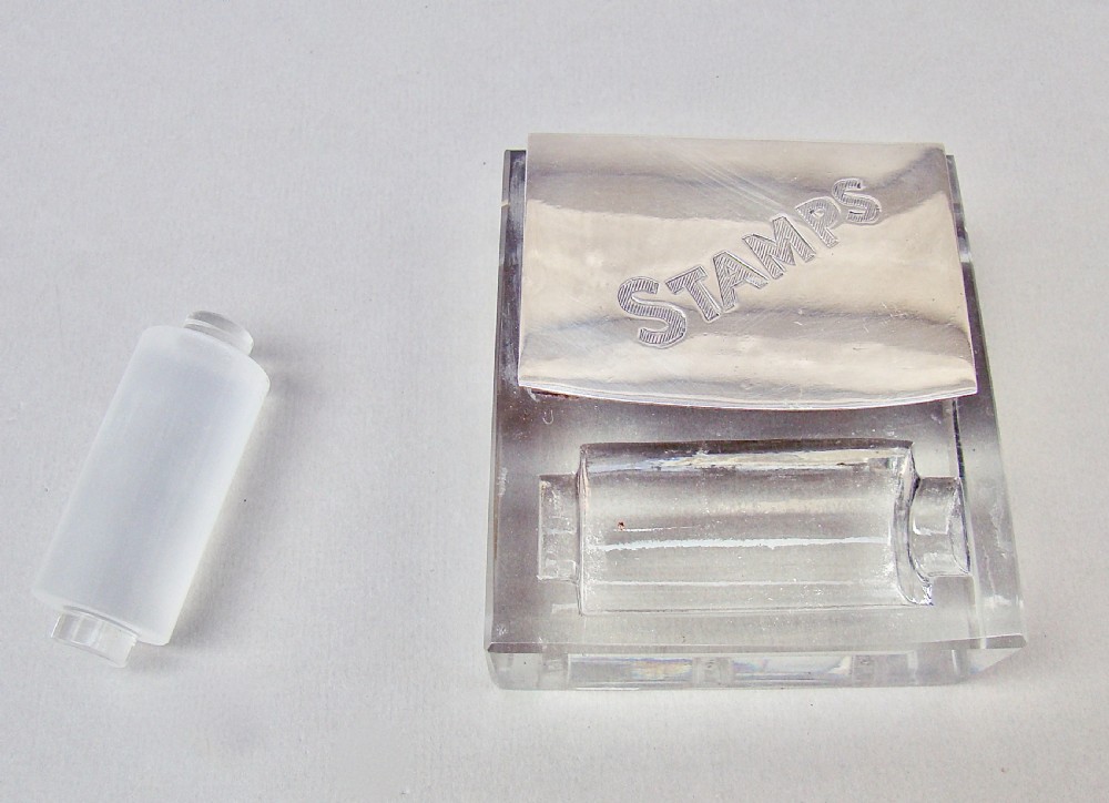 RARE ART DECO SILVER DOUBLE STAMP BOX WITH GLASS MOISTENER, LONDON 1924 View VII