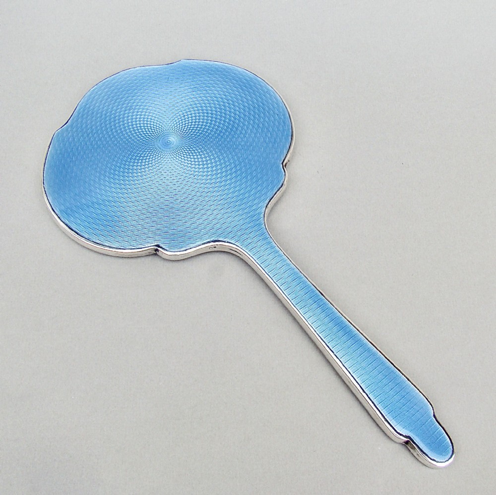 FABULOUS ART DECO SILVER AND  GUILLOCHE ENAMEL HAND MIRROR,  BIRMINGHAM 1931