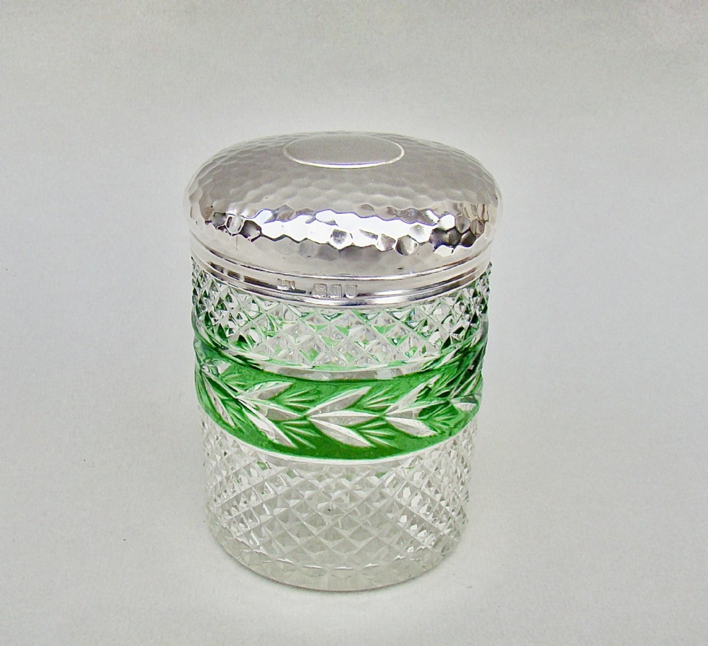 VICTORIAN SILVER MOUNTED BOHEMIAN GLASS DRESSING TABLE JAR BY THOMAS INGLETON, LONDON 1896