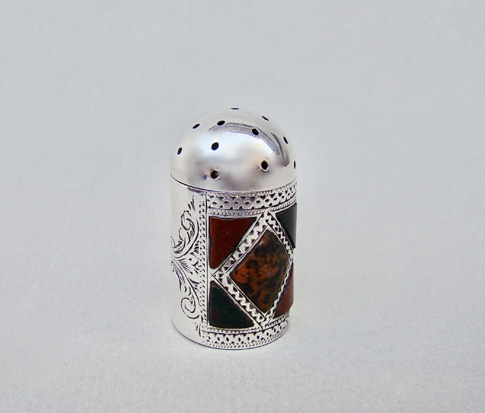 EDWARDIAN SILVER MINIATURE SIFTER, INLAID WITH SCOTTISH AGATE, RETAILED BY ASPREYS, BIRMINGHAM 1902