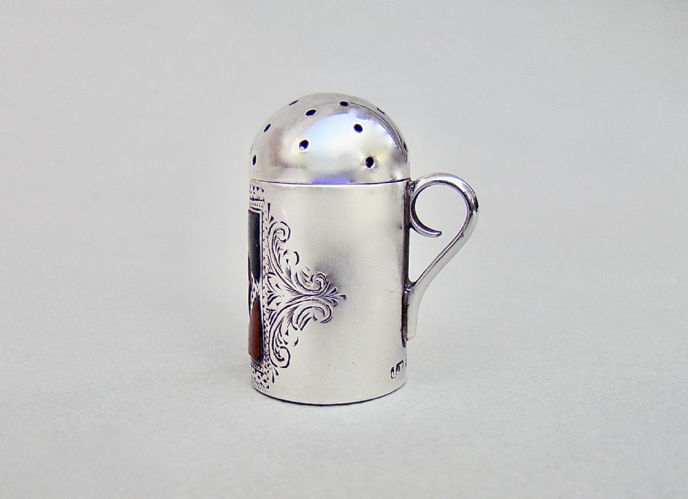 EDWARDIAN SILVER MINIATURE SIFTER, INLAID WITH SCOTTISH AGATE, RETAILED BY ASPREYS, BIRMINGHAM 1902 View IX