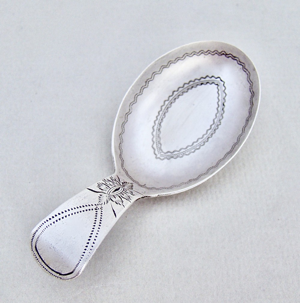 EXQUISITE GEORGIAN SILVER LEAF-SHAPED CADDY SPOON BY COCKS & BETTRIDGE, BIRMINGHAM 1805