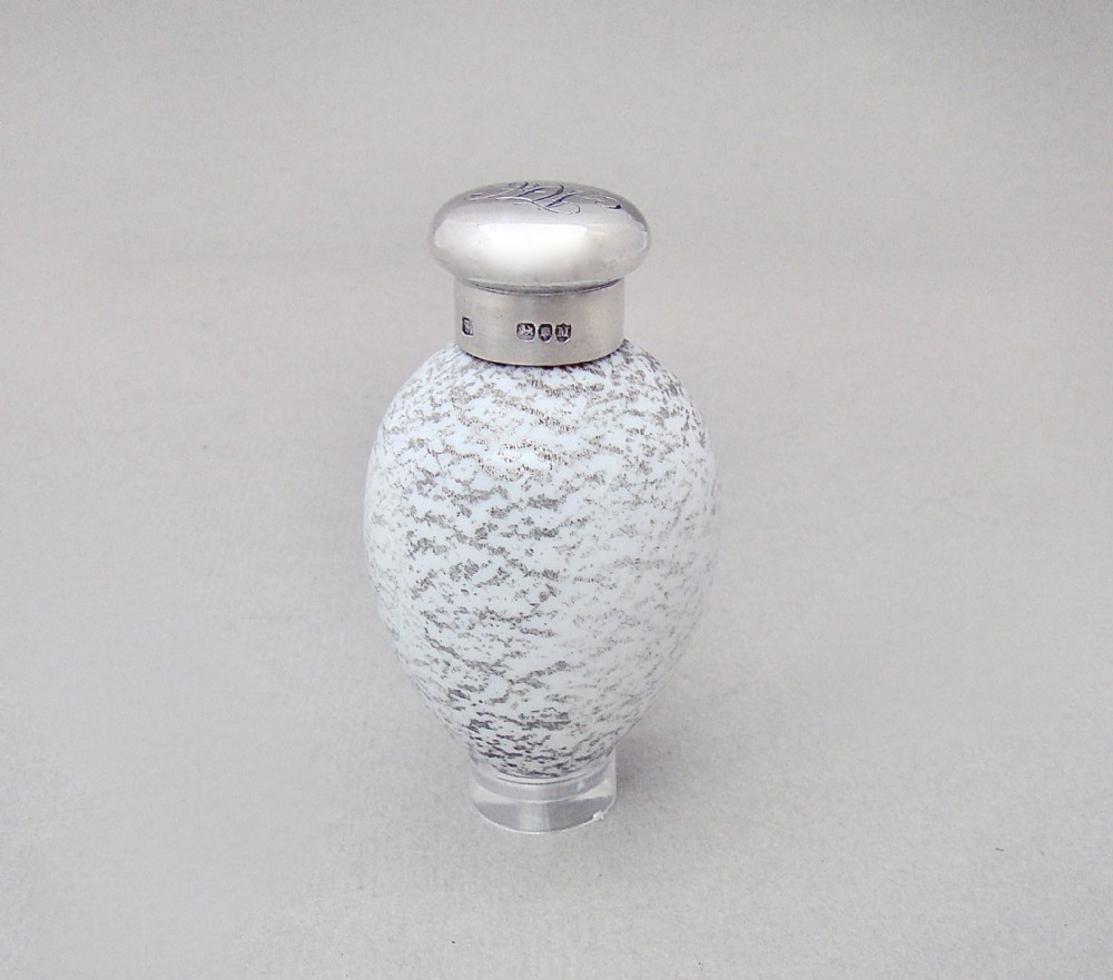 SAMPSON MORDAN SILVER & PORCELAIN SPECKLED EGG SCENT BOTTLE, LONDON 1887