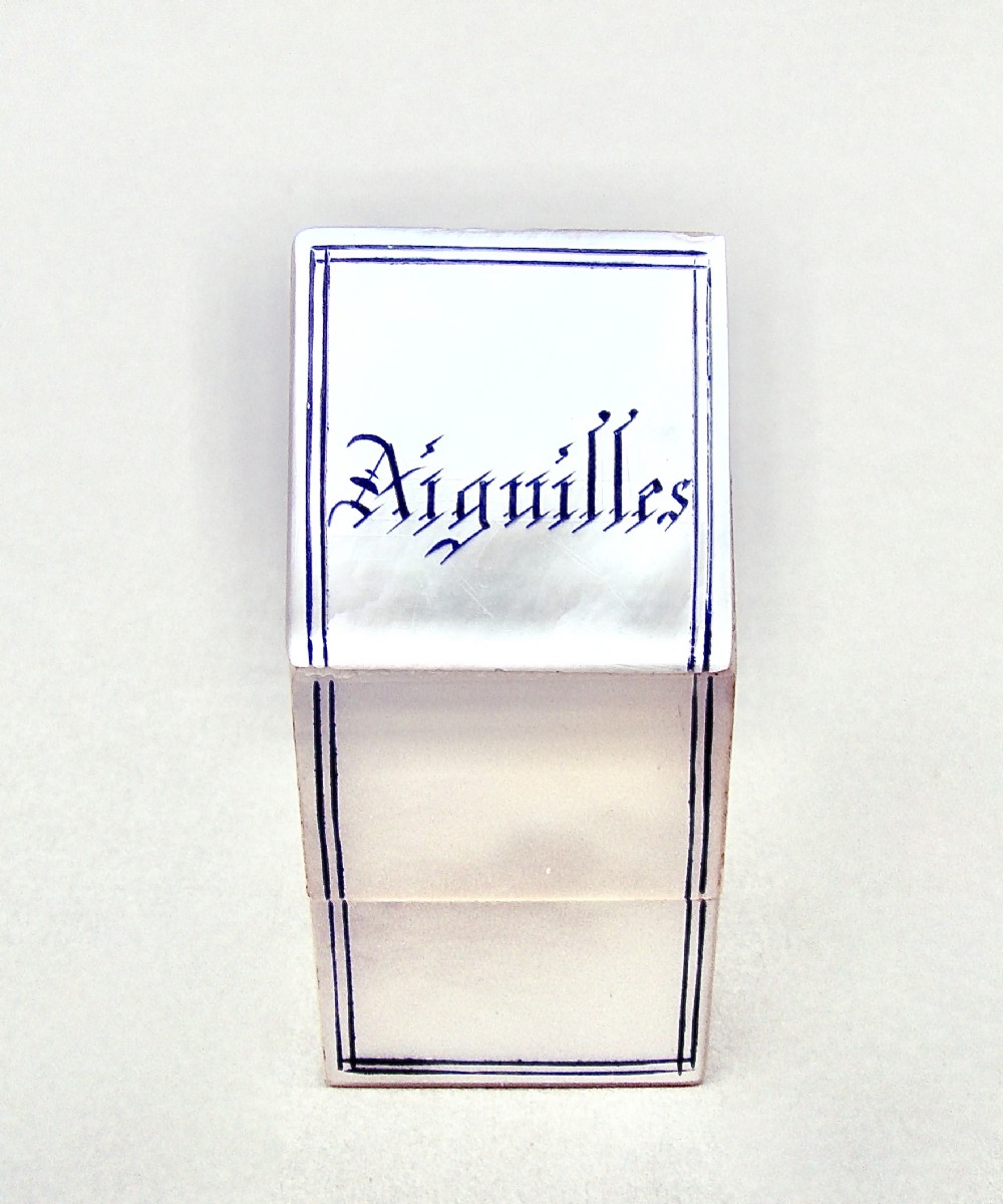 RARE FRENCH PALAIS ROYAL MOTHER OF PEARL NEEDLE BOX, CIRCA 1850