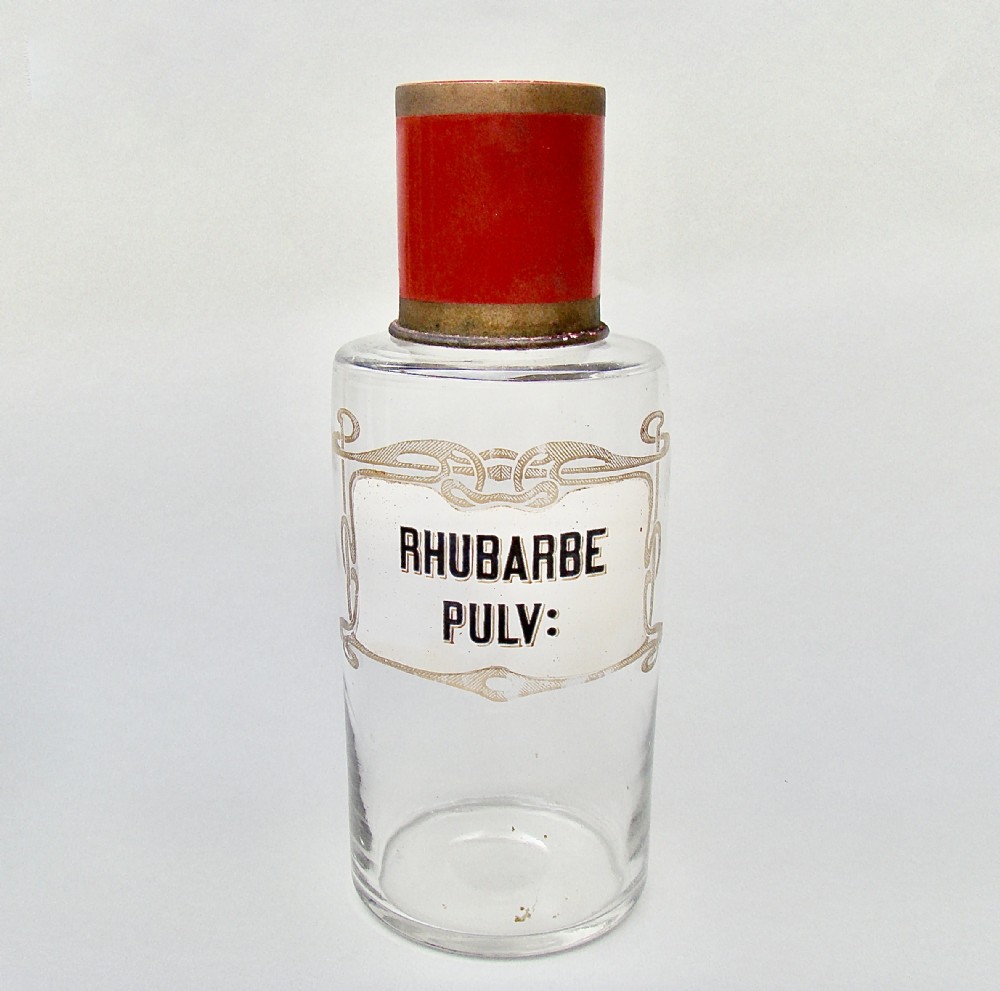 VERY RARE FRENCH ART NOUVEAU GLASS APOTHECARY JAR WITH GILT & ENAMELLED LABEL, CIRCA 1900