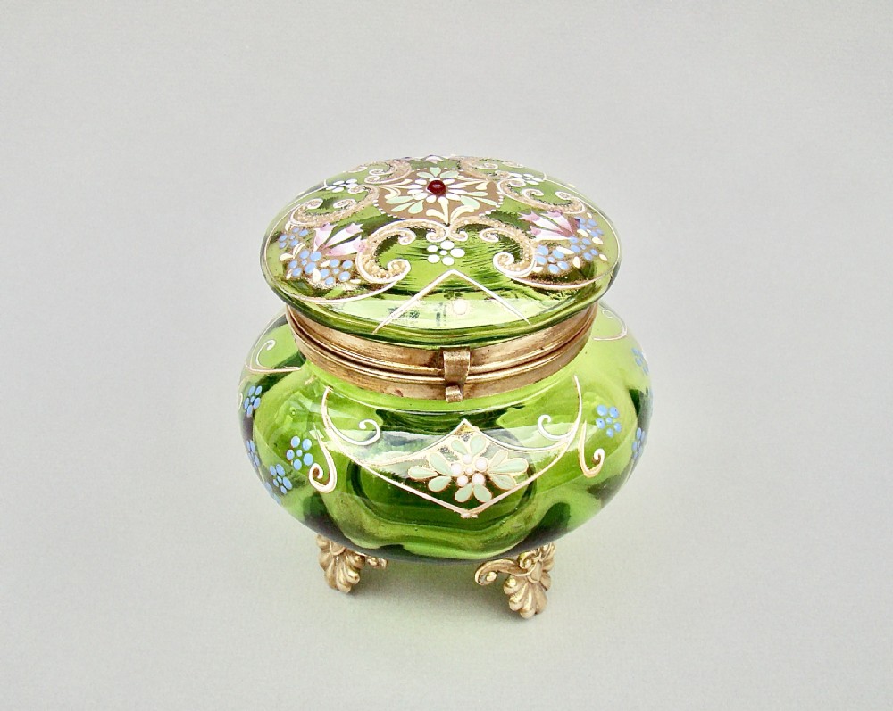 EXQUISITE 19TH C. FRENCH ORMULU MOUNTED ENAMELLED GLASS DRESSING TABLE JAR , CIRCA 1890