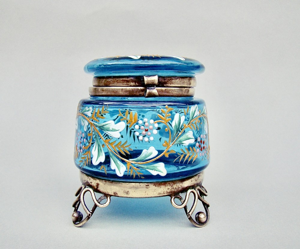 CHARMING 19TH CENTURY FRENCH ENAMELLED TURQUOISE GLASS DRESSING TABLE JAR , CIRCA 1890 View II