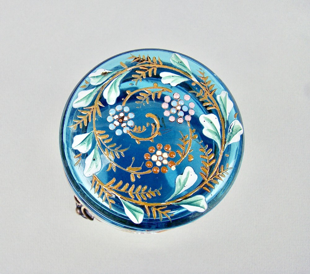 CHARMING 19TH CENTURY FRENCH ENAMELLED TURQUOISE GLASS DRESSING TABLE JAR , CIRCA 1890 View V