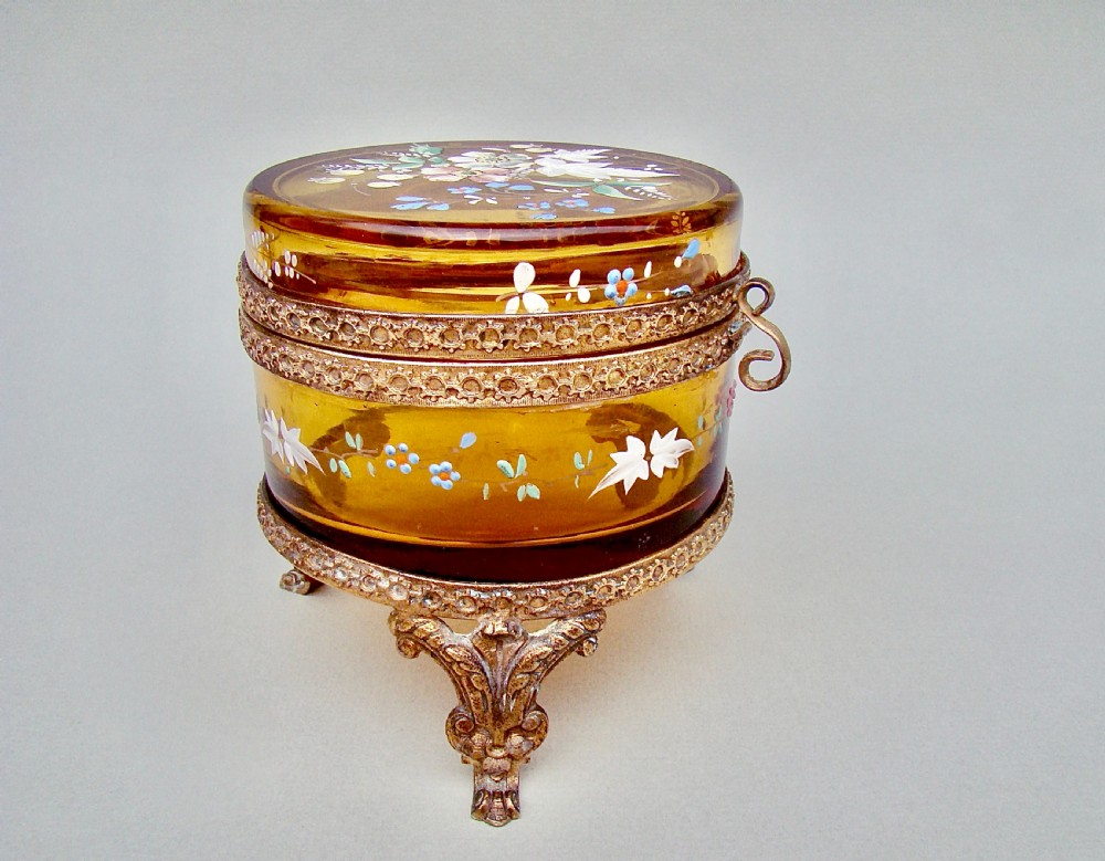 19TH C. FRENCH ORMULU & ENAMELLED AMBER GLASS DRESSING TABLE JAR , CIRCA 1890
